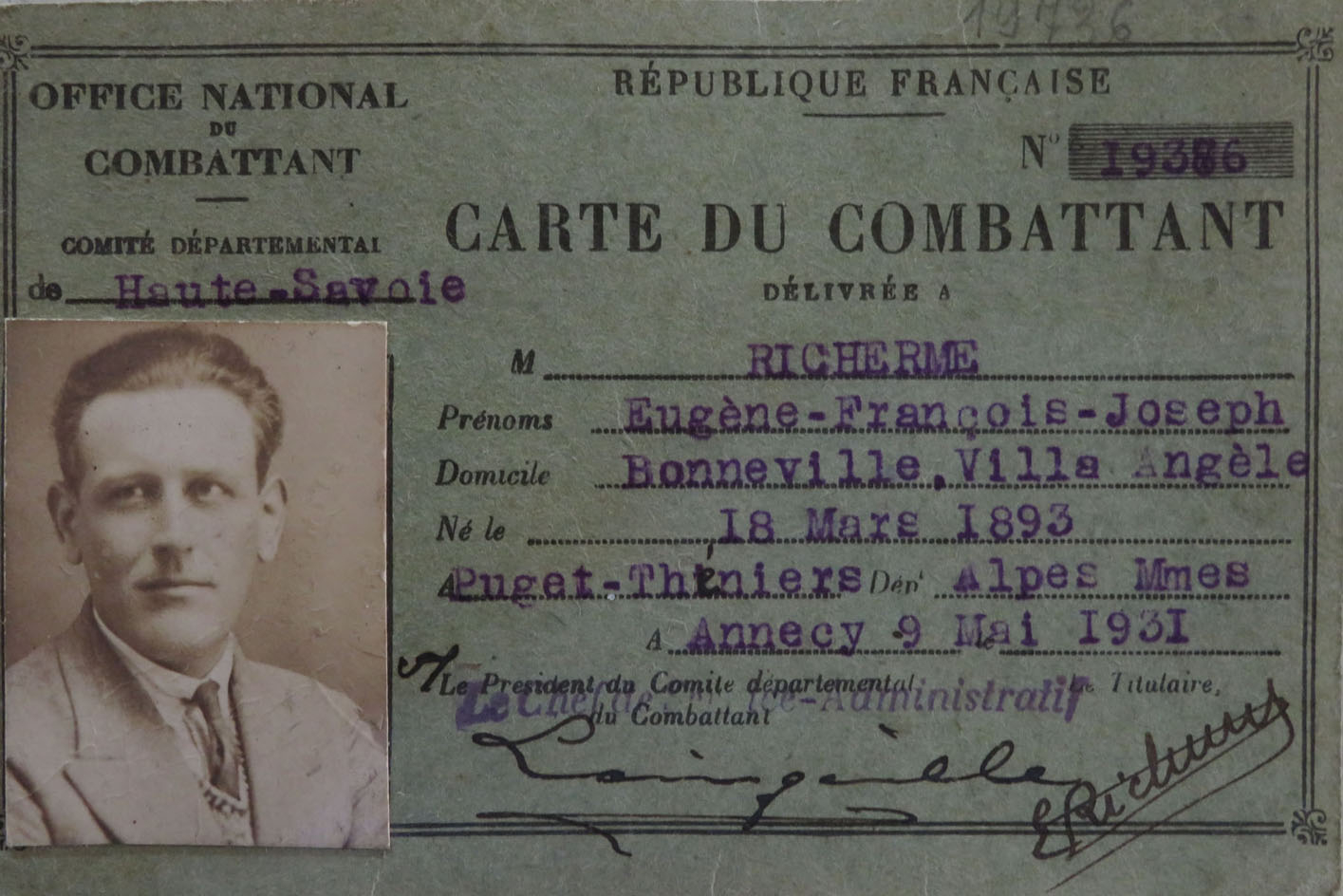 Eugène Richerme. Carte du combattant